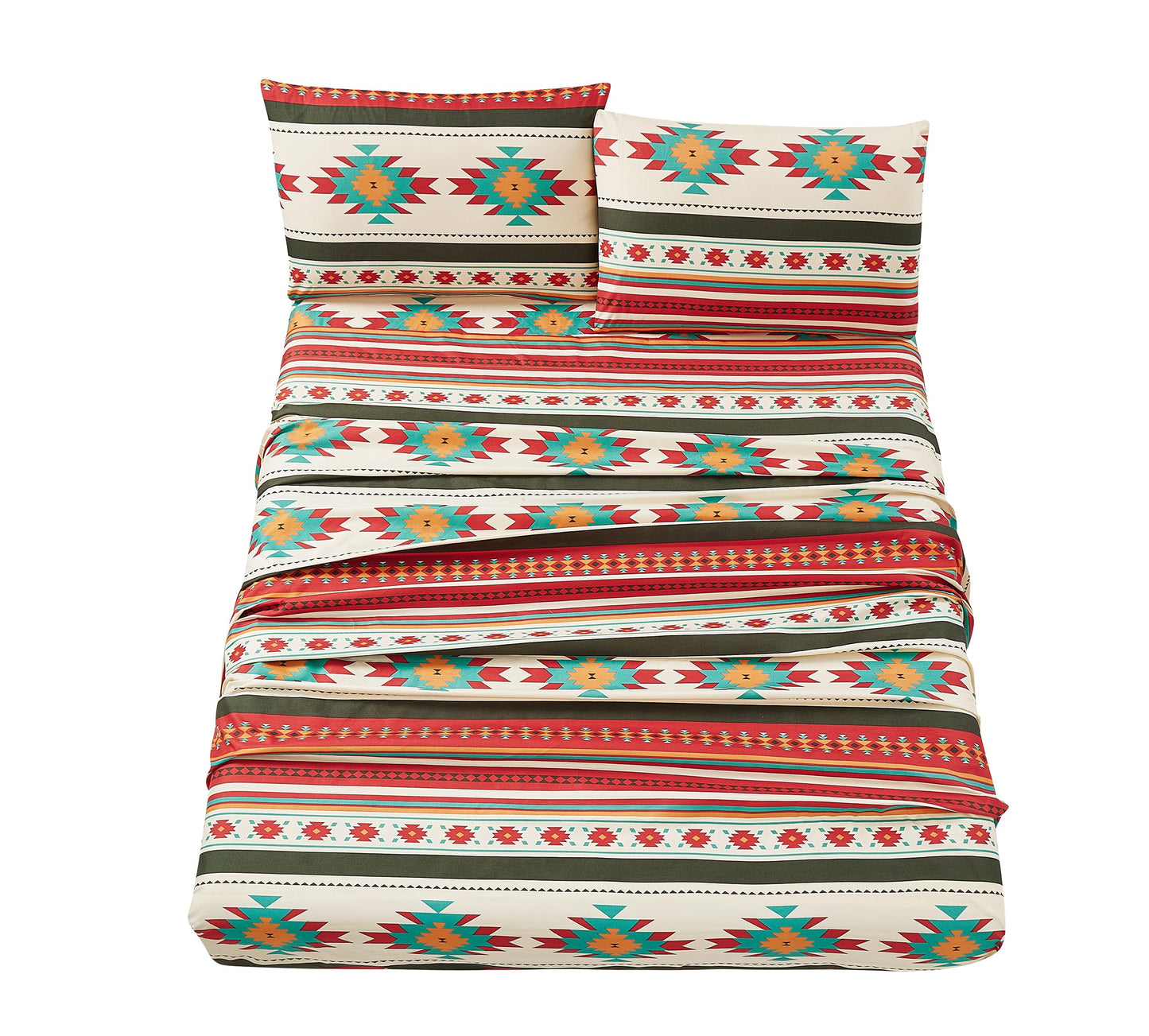 Chezmoi Collection Prescott 3-Piece Southwestern Microfiber Sheet Set, Printed Geometric Tribal Multicolor Cream Red Teal Orange Bed Sheets, Twin XL Size