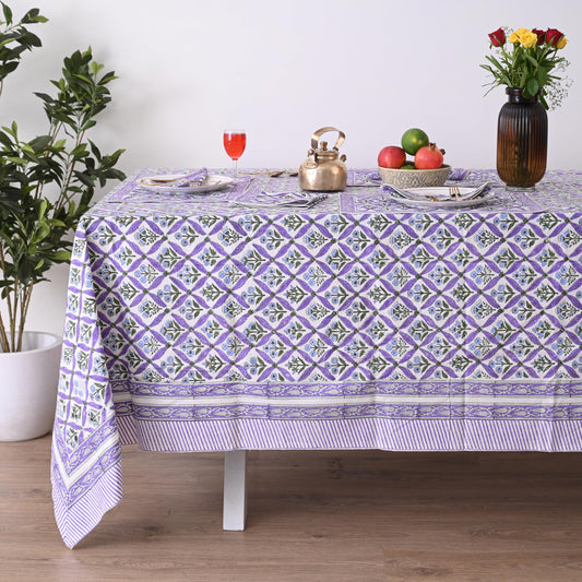 UrbanWeavers Hand Block Printed Tablecloth, Colorful Floral Print, Indian Artisan Handmade Art, Dining Room, Kitchen, Outdoor Décor, (Royal Purple Flora, 6 Seater 60 x 90 Inches Rectangle)
