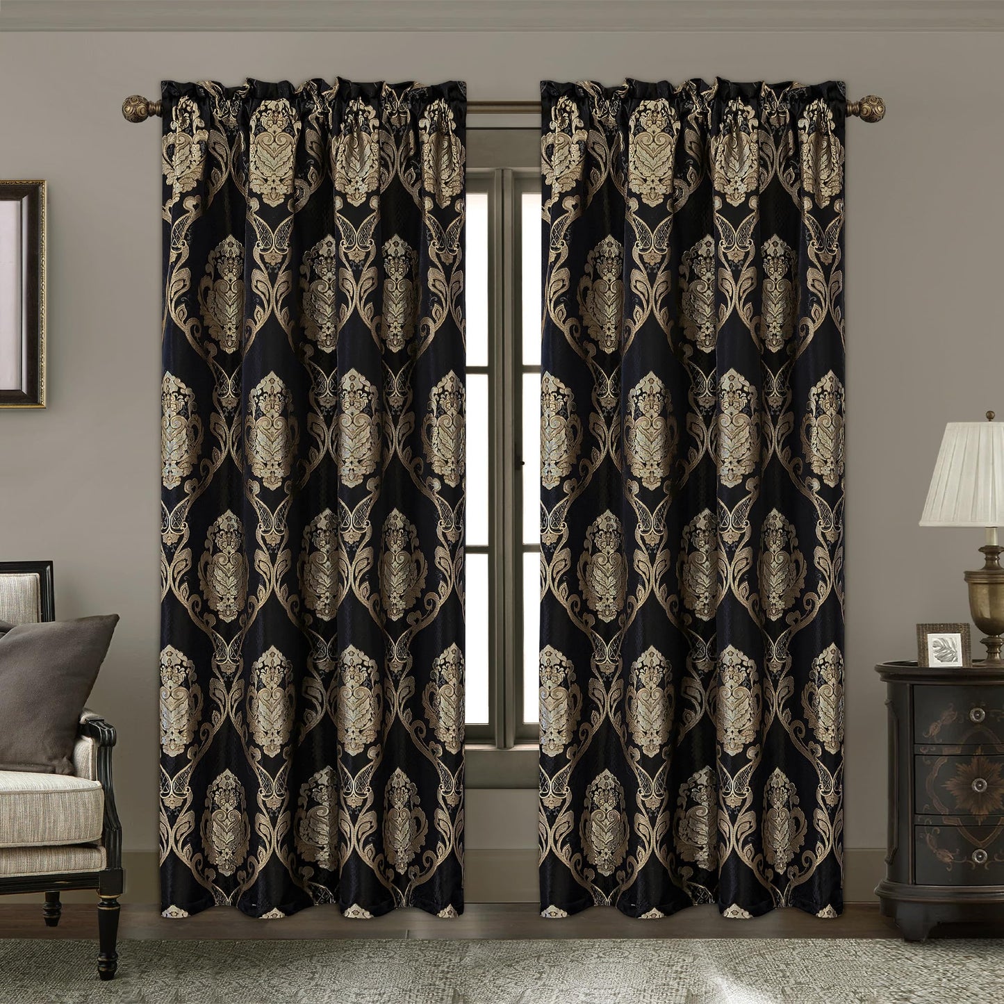 Loom and Mill Luxury Damask Curtains for Bedroom, Lined Thick Jacquard Blackout Curtains with Tiebacks, Window Curtain for Living Room Party Banquet Decor (2 Panels, 52 x 84 Inch, Black)