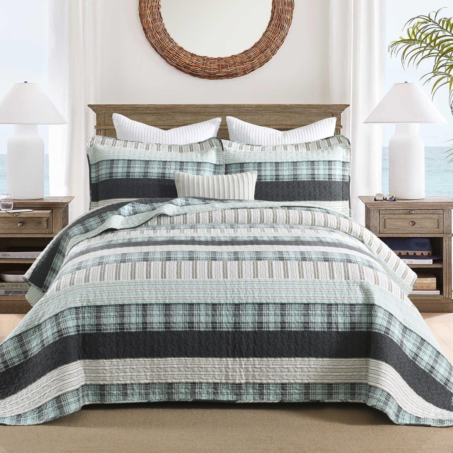Homzard 100% Cotton Plaid Striped Quilt Set, Teal Black White King Size 3 Piece Bedding Set – Prewashed Lightweight Bedspread with 2 Shams, Soft Coverlet All-Season Comforter
