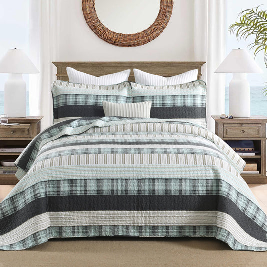 Homzard 100% Cotton Plaid Striped Quilt Set, Teal Black White King Size 3 Piece Bedding Set – Prewashed Lightweight Bedspread with 2 Shams, Soft Coverlet All-Season Comforter