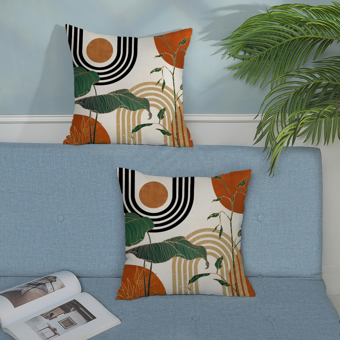 GOLIANDA Boho Orange Pillow Covers 18x18 Set of 2 Green Gold Leaf Tropical Mid Century Throw Pillows Outdoor Bohemian Modern Decorative Pillowcase Farmhouse Linen Cushion Case for Couch Sofa Decor