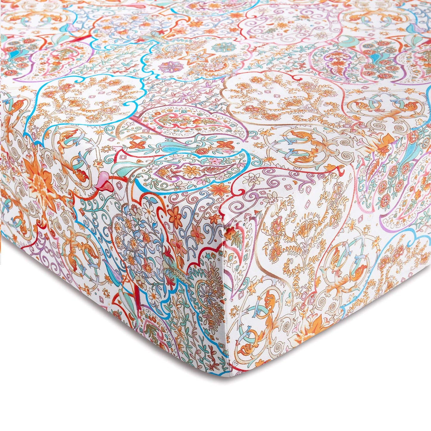 Wake In Cloud - Boho Bed Sheets, 100% Cotton, 4-Piece Sheet Set, Bohemian Hippie Chic Paisley Patterned Aesthetic Bedding, Deep Pocket, Turquoise Orange, Queen Size