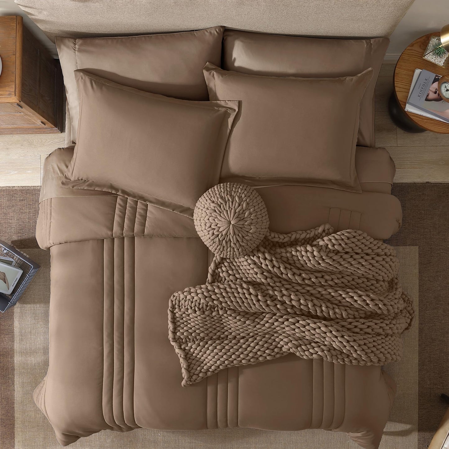 Monbix Queen Comforter Set - 7 Pieces Raw Umber Bed in a Bag Queen Bedding Sets with Comforters, All Seasons Comforter Bed Set with Sheets, Pillowcases & Shams