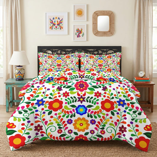 Pamnest Comforter Set Queen Size, Colorful Floral Happy Soft 3 Pcs Bedding for Kids and Adults, Mexican Flower Mexico Comforter Set with Pillowcase, for Bedroom Bed Decor