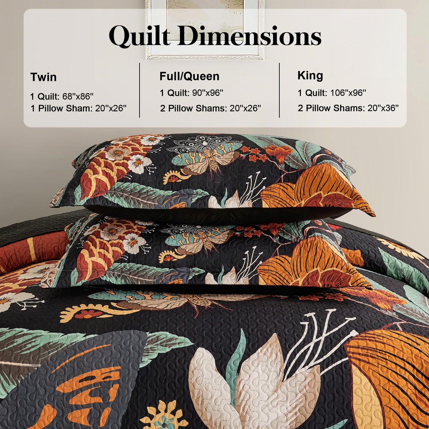 Tyrot 3 Piece Black Boho Floral Full/Queen Quilt Sets Reversible Farmhouse Botanical Lightweight Bedspread Coverlet with 2 Shams Butterfly Microfiber Bedding Quilts Set for All Season, 90''x96''