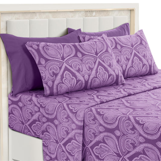 Ultra Soft Wrinkle-Free Microfiber Paisley Queen Sheet Set, Cute Floral Pattern Boho Print – 16" Deep Pocket Fitted Sheet, Flat Sheet & 4 Pillowcases, Breathable, OEKO-TEX - Purple