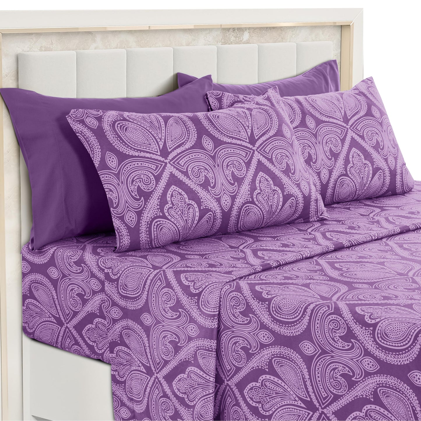 Ultra Soft Wrinkle-Free Microfiber Paisley King Sheet Set, Cute Floral Pattern Boho Print – 16" Deep Pocket Fitted Sheet, Flat Sheet & 4 Pillowcases, Breathable, OEKO-TEX - Purple