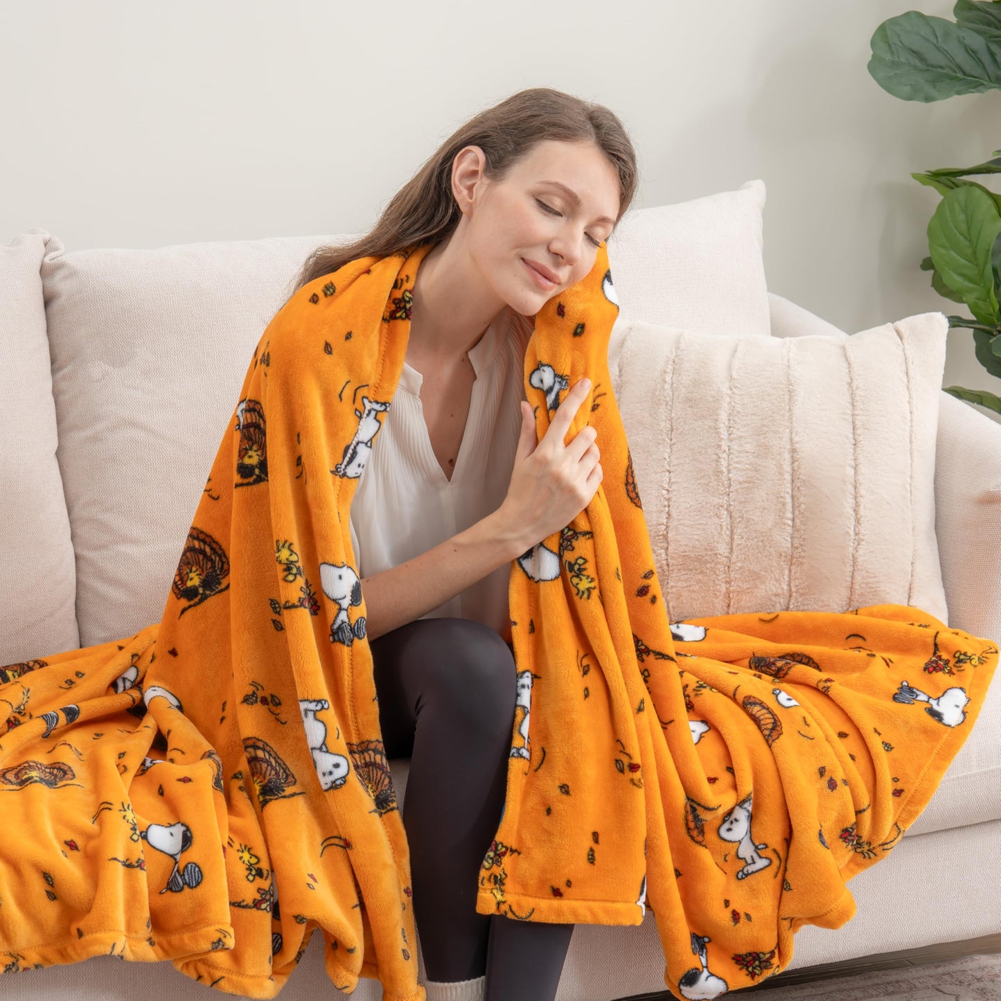 Berkshire Blanket Peanuts® VelvetLoft® Cute Character Snoopy Plush Throw Blanket,Snoopy and Woodstock Fall Birds & Leafs Orange,Throw 55 in x 70 in (Official Peanuts® Product)