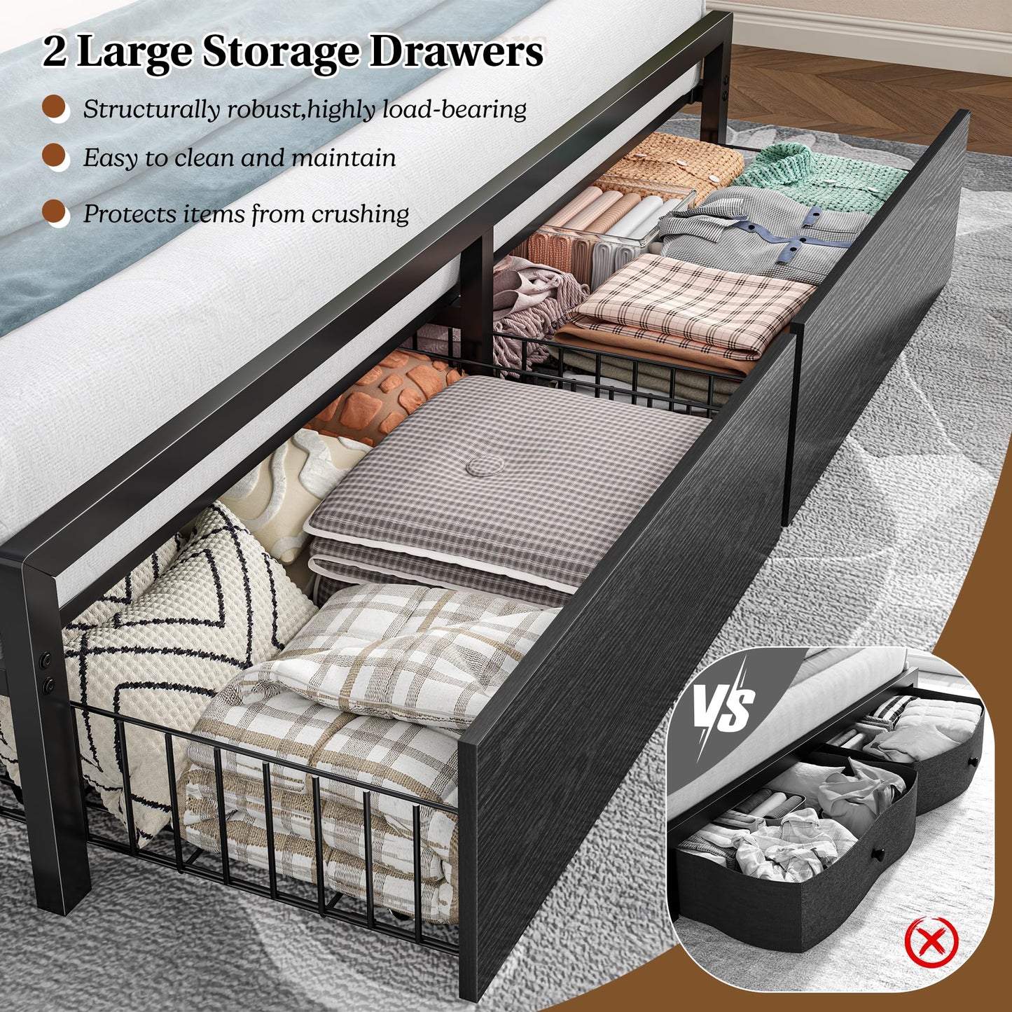 Homkdom Full Size Bed Frame with Storage, Full Bed Frame with LED Light and Charging Station,Bed Frame Full with Headboard for Apartment,Guest Room,Black
