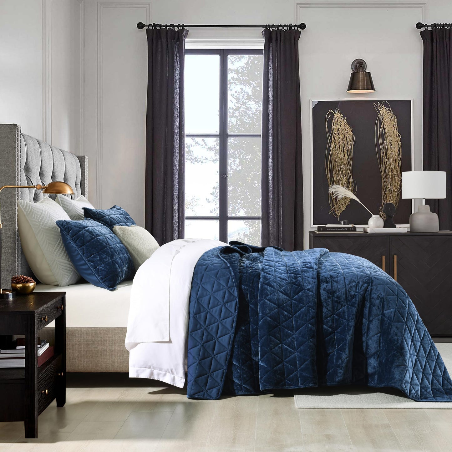 Homzard Velvet Quilt Set Queen Size Bedding Set, Blue Queen Size Comforter Set,Navy Blue Bedspreads, Luxurious Plush Bedding Sets，Soft Lightweight for All Season