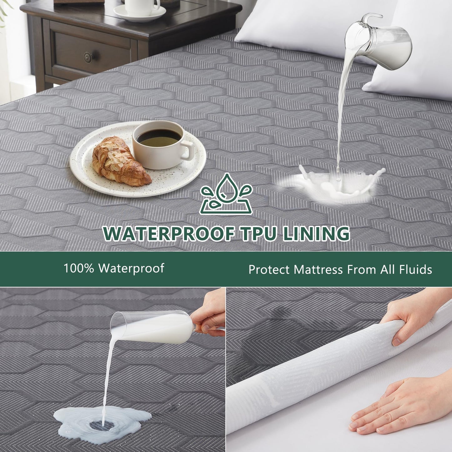 Queen Size Waterproof Mattress Protector, 40% Rayon Derived from Bamboo Grey Mattress Pad Cover, 3D Air Fabric Breathable Mattress Pad Fitted with Deep Pocket 6"- 15" Machine Washable