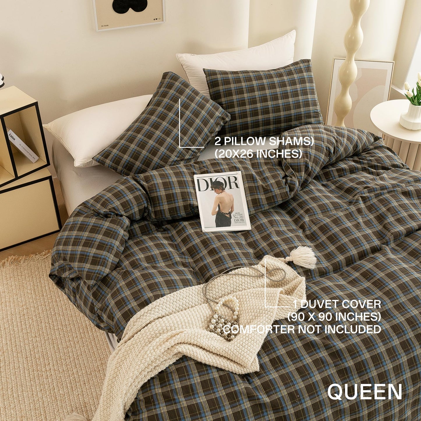 ECOCOTT Buffalo Plaid Duvet Cover Queen Size – 3 Piece Washed Cotton Brown & Blue Bedding Set, Soft & Breathable, Reversible Checkered Design with Zipper Closure & Corner Ties
