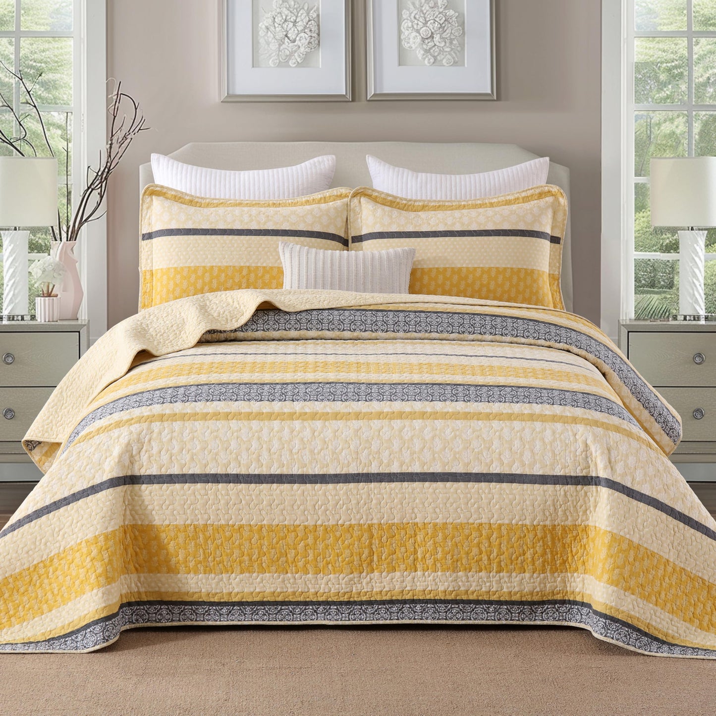 Homzard Quilt Cotton Queen Quilt Bedding Set,Yellow Black Grey Queen Size Comforter Set,Striped Bedspread Queen Size, Lightweight Farmhouse Bed Set Cover All Season 3 Pieces