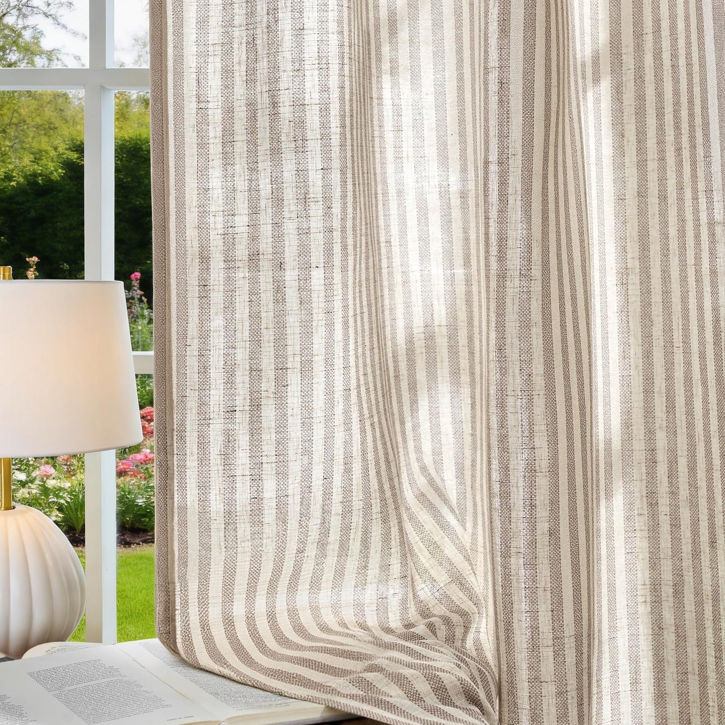 Vangao Linen Striped Curtains for Living Room Bedroom Farmhouse Tickingstripe Light Filtering Window Curtains Printed Drapes Grommet Top 2 Panels Grey W50 x L63 Inch
