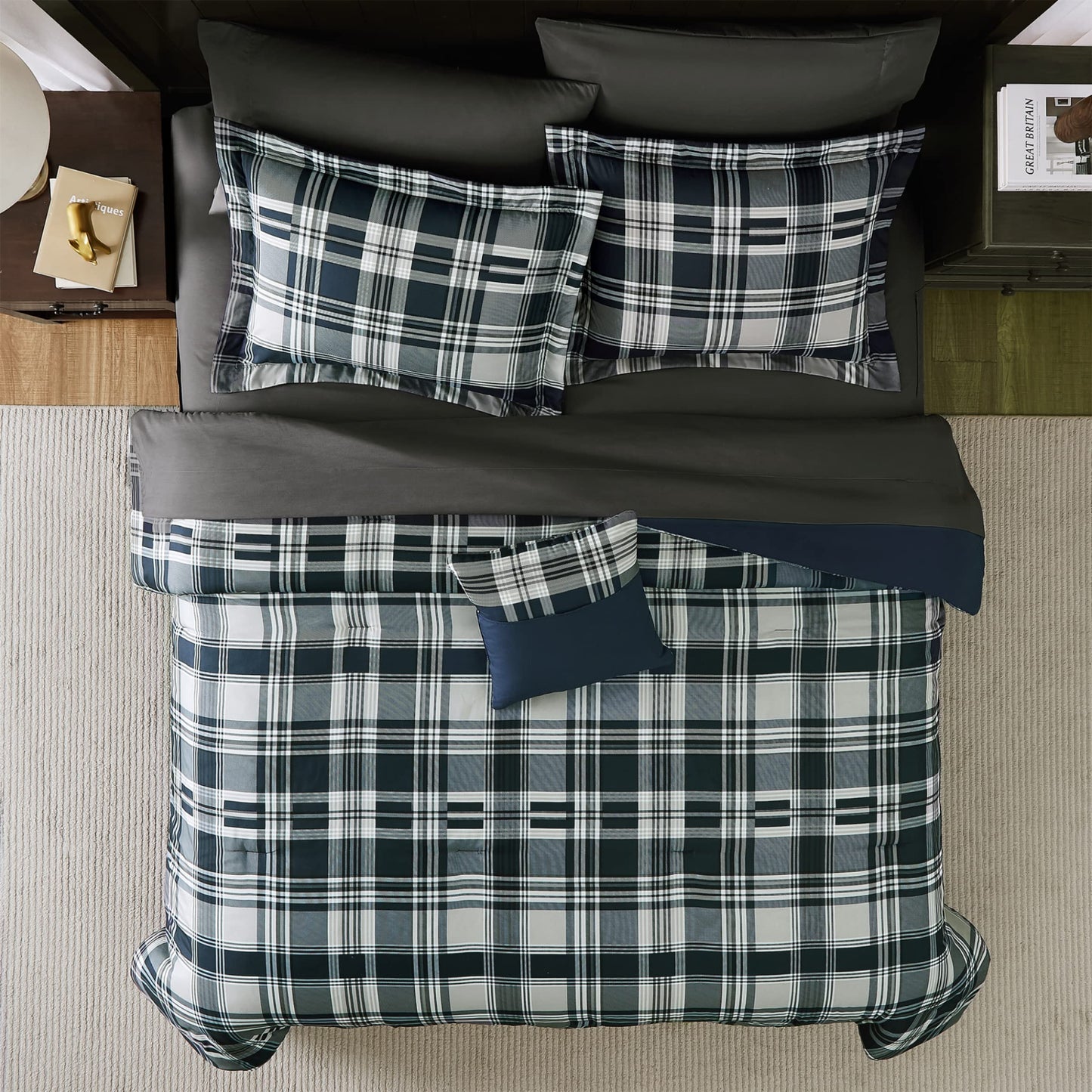 MaiRêve Queen Size Comforter Set Navy Blue, Classic Plaid Farmhouse 7 Pieces Bedding Set, All Season Lightweight Bed in a Bag with Sheets, Pillowcases & Shams