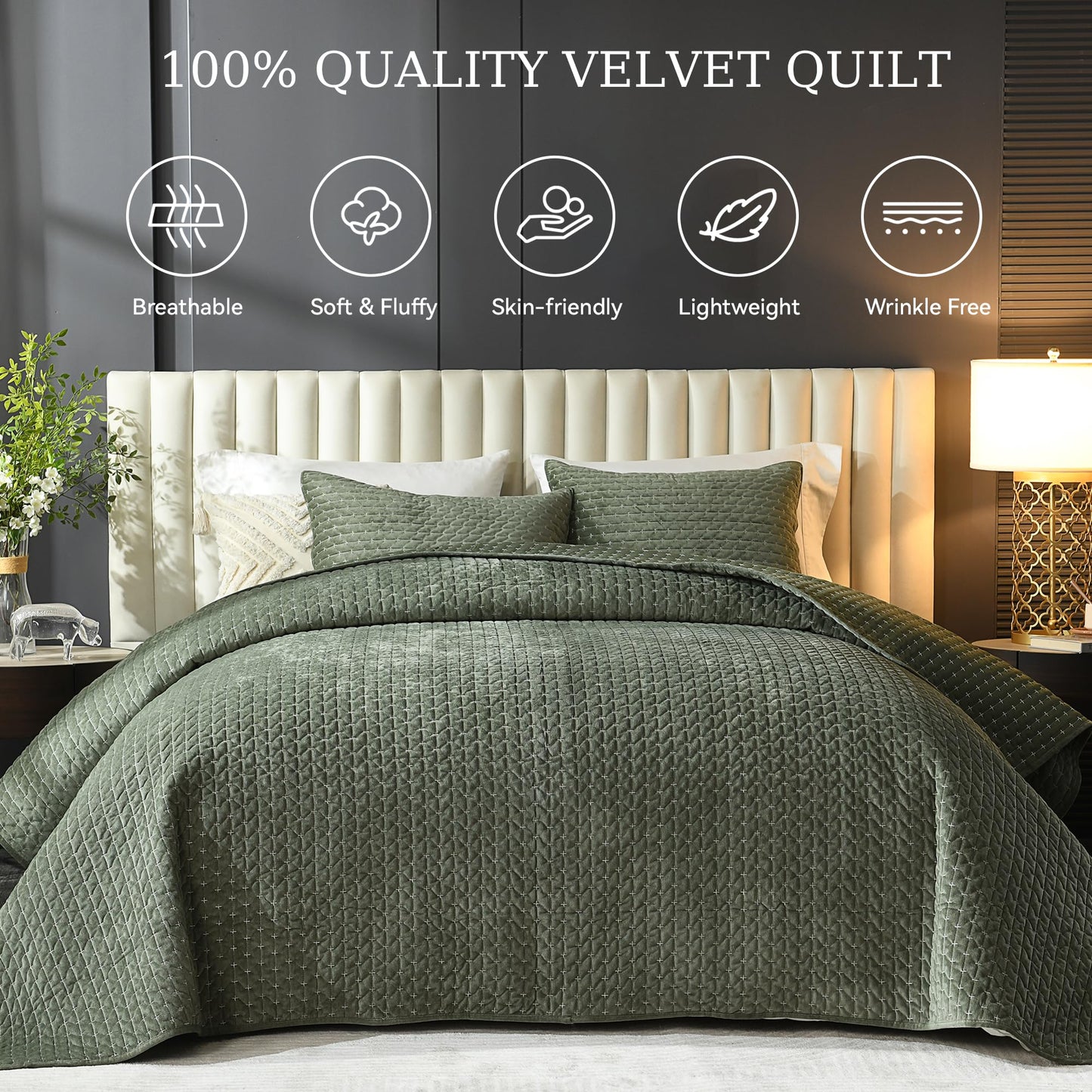 Grassix Velvet Quilt Set Queen Size, 3 Pieces Cross Stitch Bedspread Coverlet with 2 Shams for All Season, Lightweight Comforter Bedding Set, Army Green, 90"x96"
