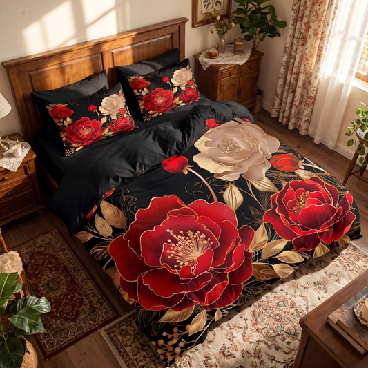 CCoutueChen Vintage Floral Comforter Set, Queen Size, Black Red