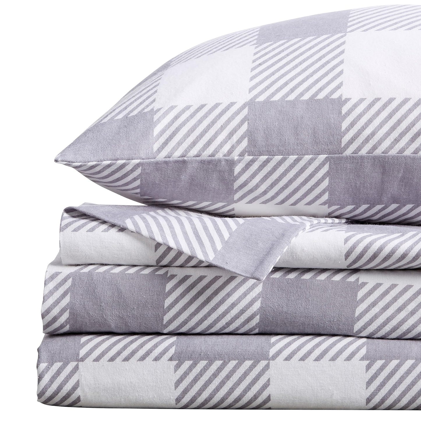 Market & Place 100% Turkish Cotton Flannel Sheet Set | 4 Piece Deep Pocket Novelty Cozy Winter Bed Sheets | Double Brushed for Extra Softness & Comfort | Queen, Buffalo Check Grey