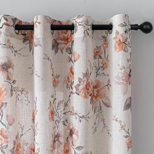 MEETSKY Floral Curtains 84 Inch Length for Living Room, Orange Rose Printed Grommet Linen Spring Drapes for Bedroom, Light Filtering Semi Sheer Botanical Window Drapes 2 Panels, Each 52 Inch Wide