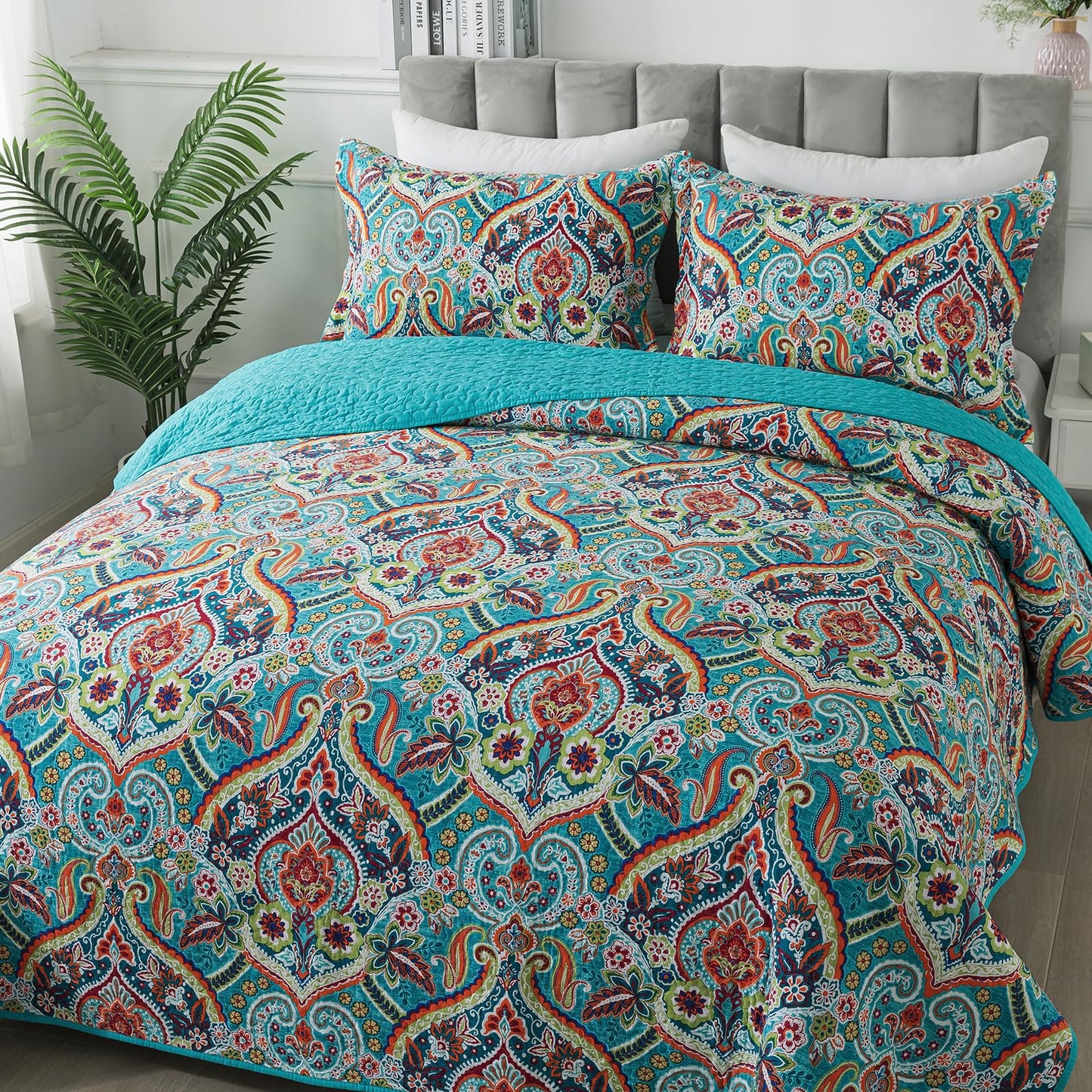BEDIFANY Cotton Queen Quilt Set - Lightweight Queen Size Quilts Bedding Set for a Comfortable Sleep - Reversible Bedspread Coverlet (90 * 98 in) with Boho Pattern, 3 Pieces