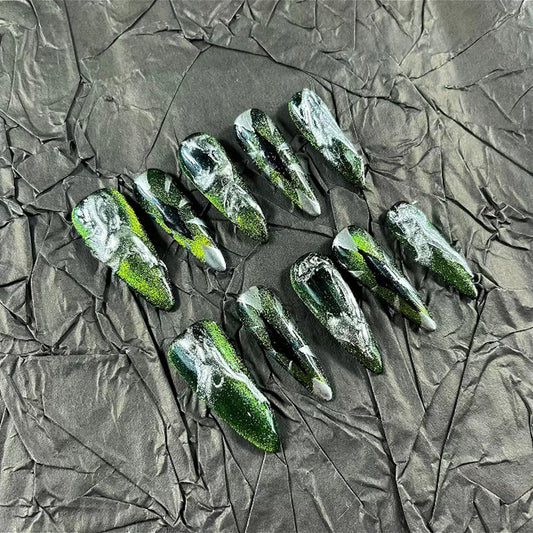 Press on Nails Handmade Nails 10Pcs Dark Gothic Style Manual Press on Nails Green Eyes Fake Nails for Women Party Holiday Photo Size S
