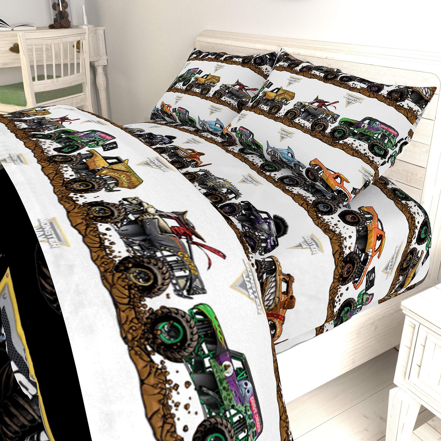 Jay Franco Kids Sheet Set with Fitted, Flat Sheets & Pillow Cover - Ultra-Soft Bedding with Pillowcase for Room Decor, Multi - Monster Jam, 4 Piece Full