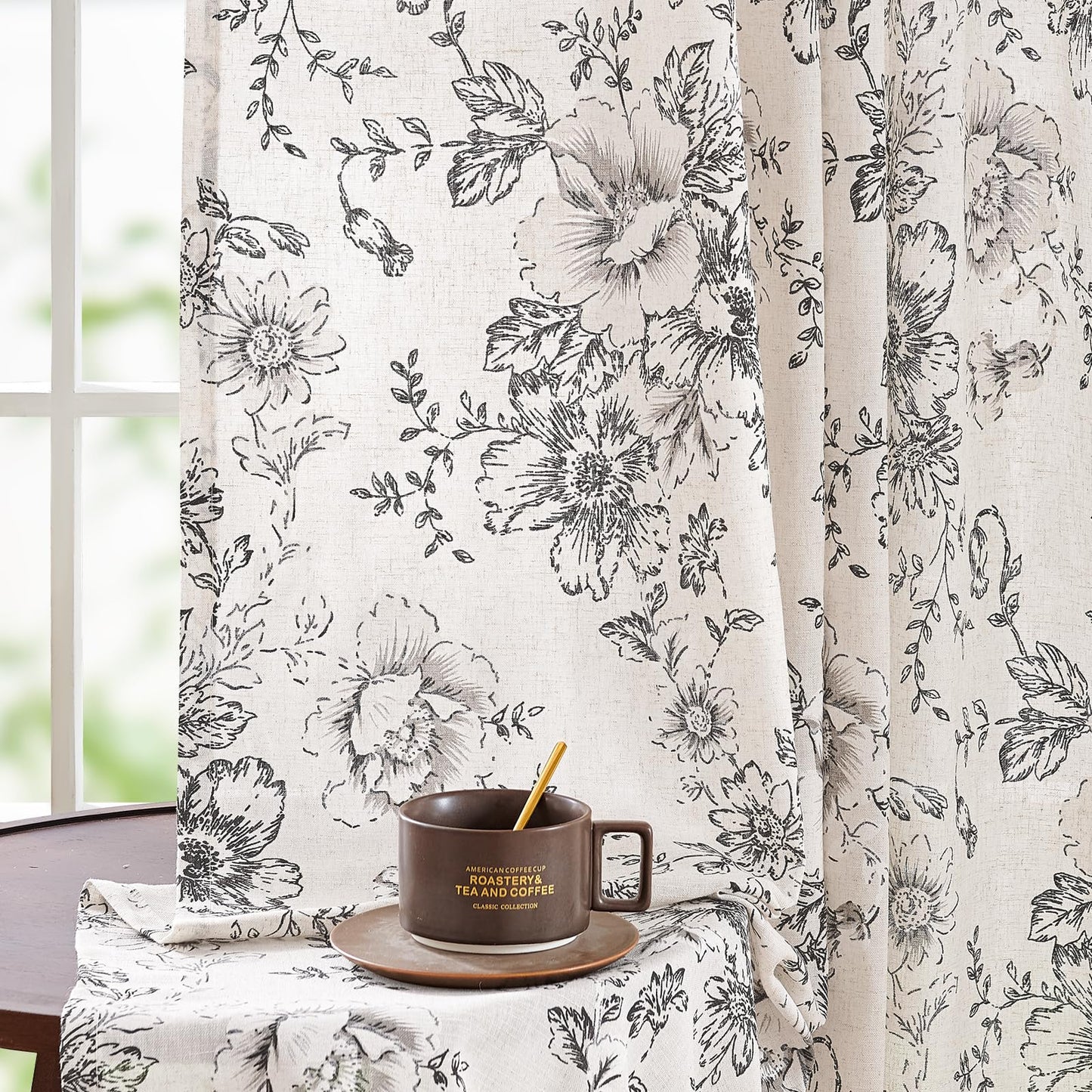 jinchan Floral Curtains for Living Room 84 Inch Length Farmhouse Printed Curtain Rod Pocket Back Tab Black Peony Flower Patterned Drapes Bedroom Window Curtains Set 2 Panels 25% Linen 75% Polyester