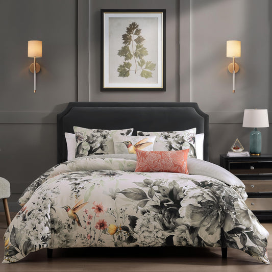Bebejan Vintage Bloom 5 Piece Comforter Set, 100% Cotton Sateen, 220 Thread Count, Grey Reversible Bedding Comforter Set, 1 Comforter, 2 Shams & 2 Pillows (King/Cal King)
