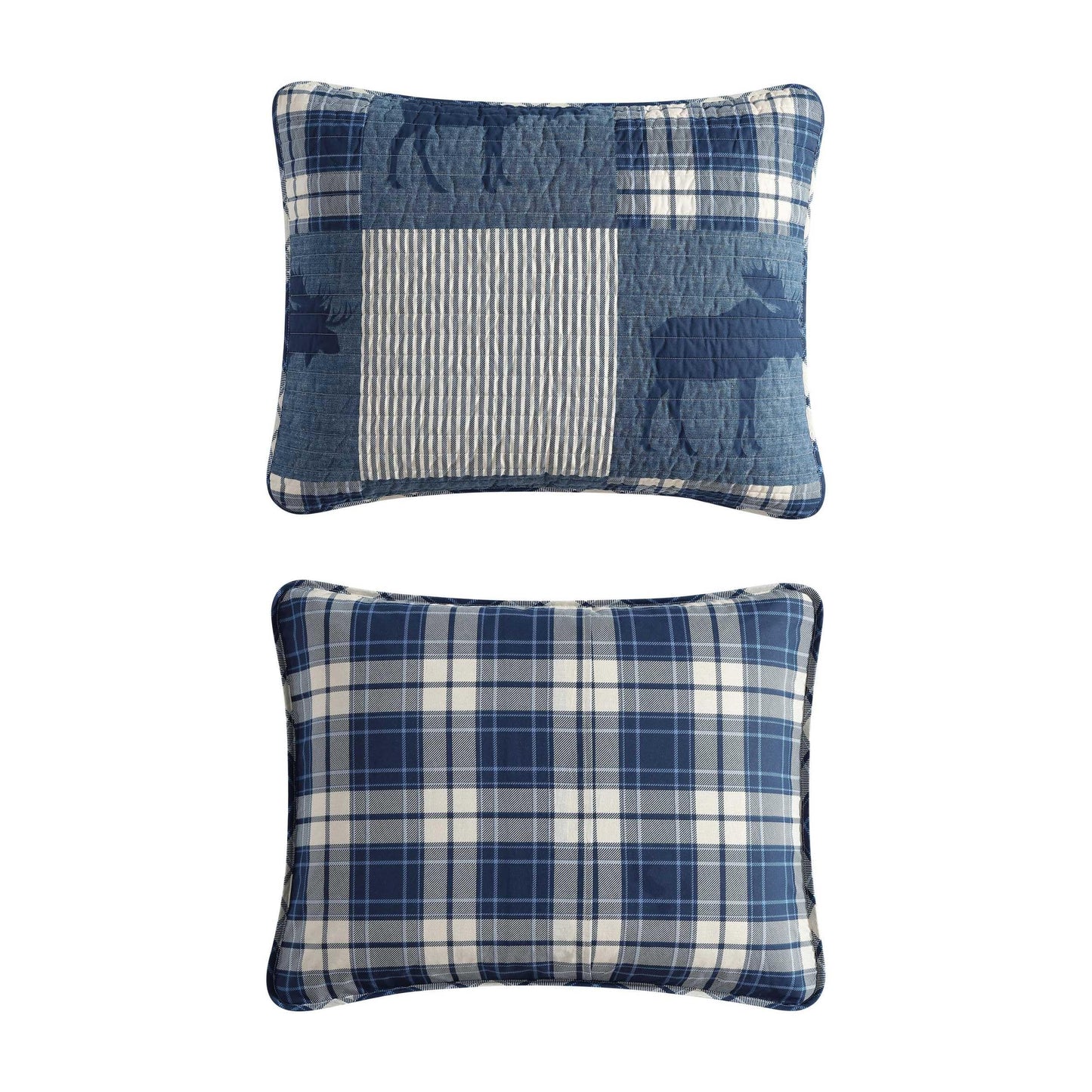 Eddie Bauer - King Quilt Set, Naturally Soft Cotton Bedding w/a Lightweight Feel for All-Year Comfort, Reversible w/Matching Pillowcases, 3 Piece Bed Set (Moose Plaid/Pinstripe/Patchwork Blue)
