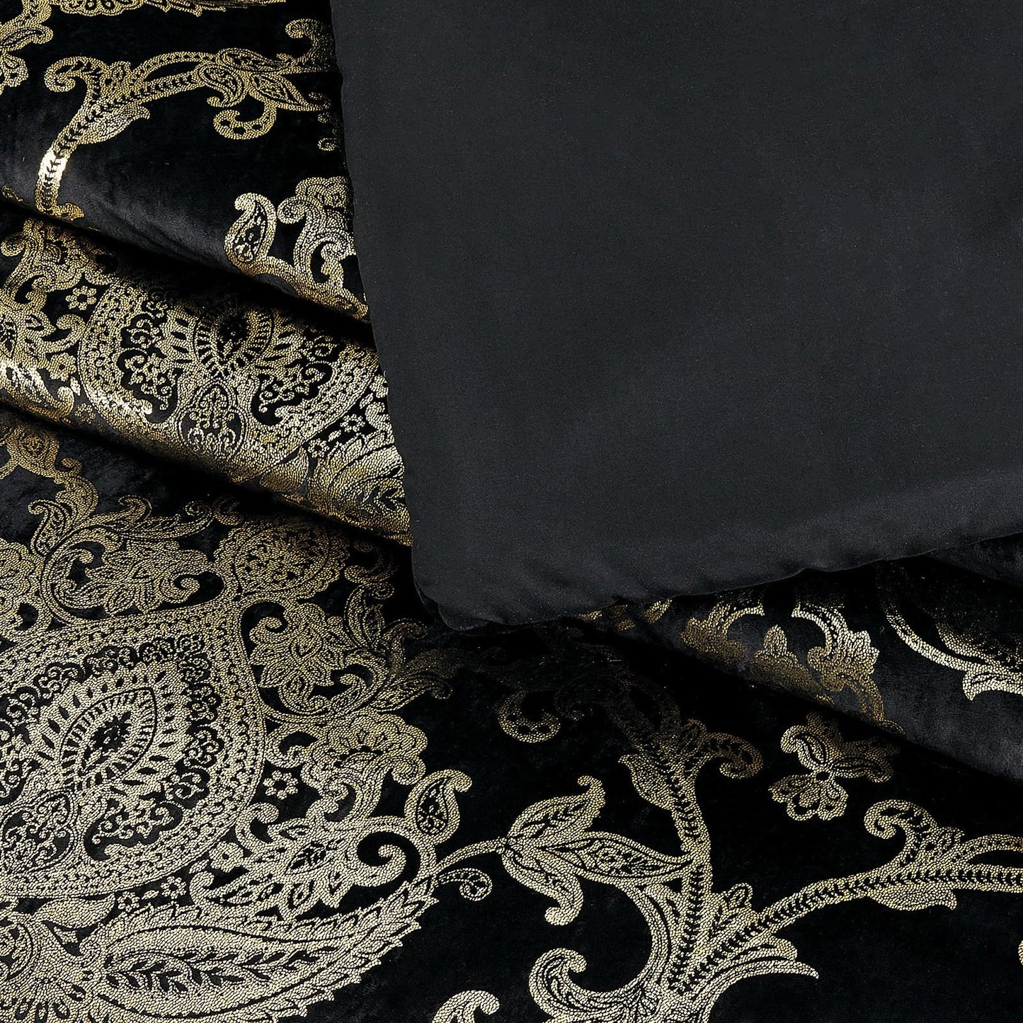 Sunshine Nicole Metallic Print Comforter Set, Distressed Velvet Face with Metallic Foil Print and Brushed Solid Microfiber Reverse, with Light Weight Soft Poly Fill, 3 Pieces Black Gold, Queen