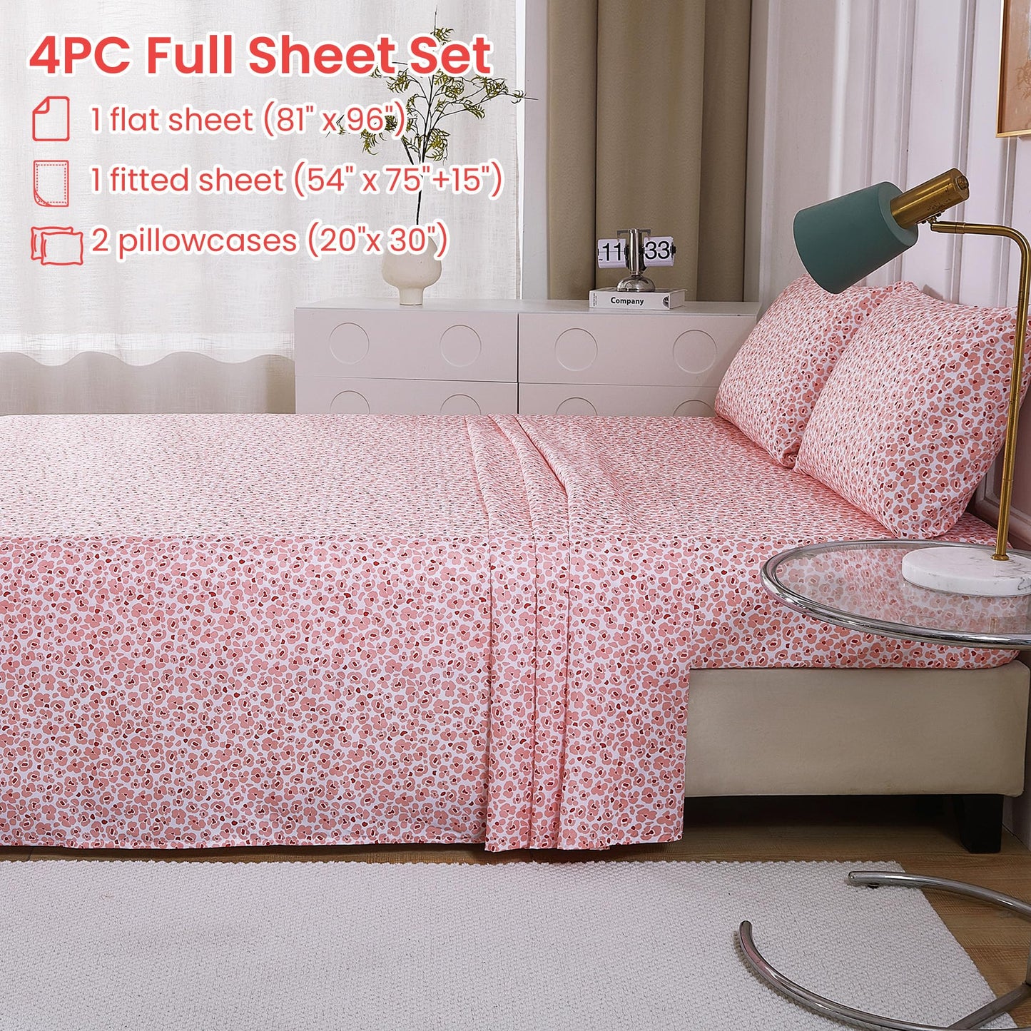 Softan Pink Floral Full Sheet Set, Cozy Microfiber Leopard Printed Fitted Bed Sheet with 15" Deep Pockets & Non-Slip Straps, Cute Girls Patterned Double Sheets & Pillowcase Set