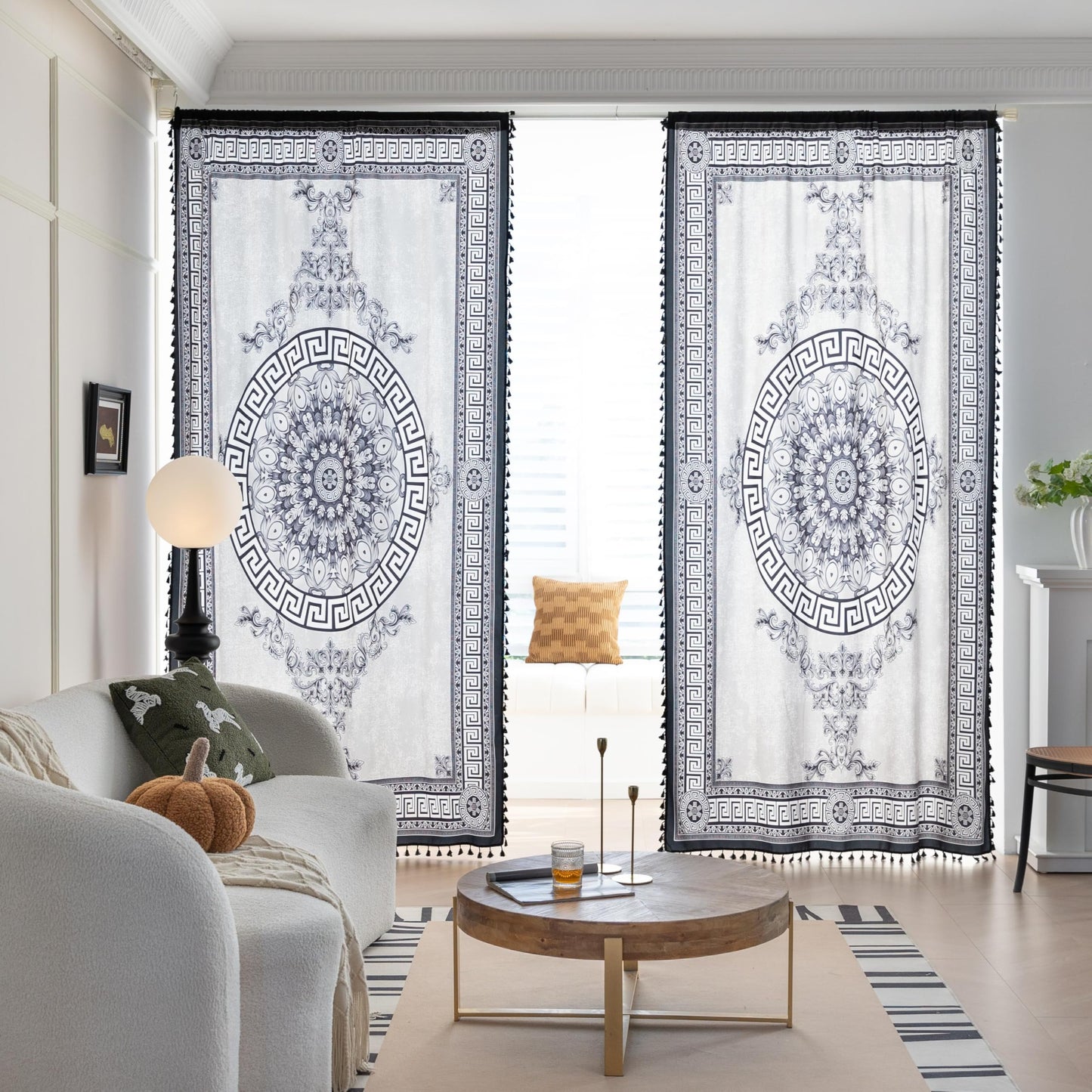 Erbnaryx Black Medallion Curtains 72 Inches Long, Boho Farmhouse Light Filtering Rod Pocket Drapes with Tassel Trim for Bedroom Living Room, 2 Panels