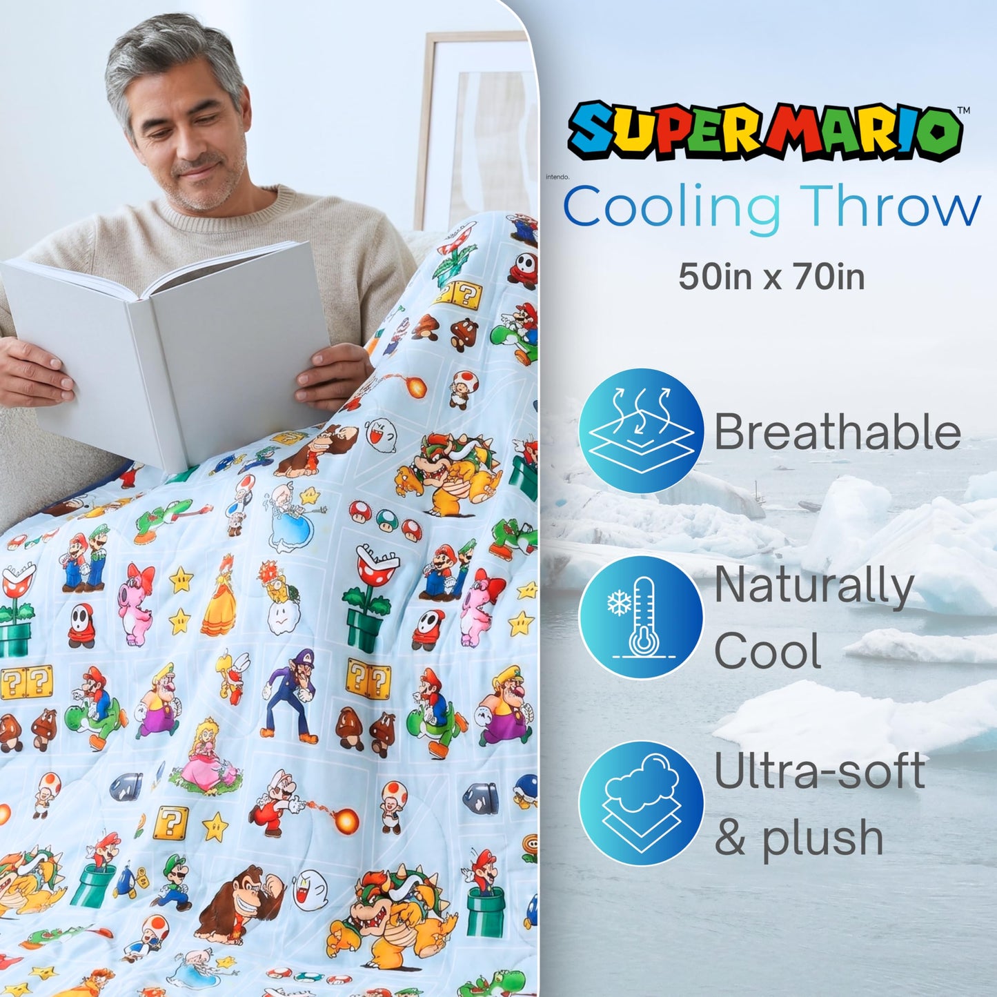 Super Mario Gaming Cooling Throw Blanket, 50 x 70 Inch Versatile Lightweight All-Season Throw, Soft Breathable Cooling Fabric for Couch, Bed & Sofa (Officially Licensed Product) by Franco Calm