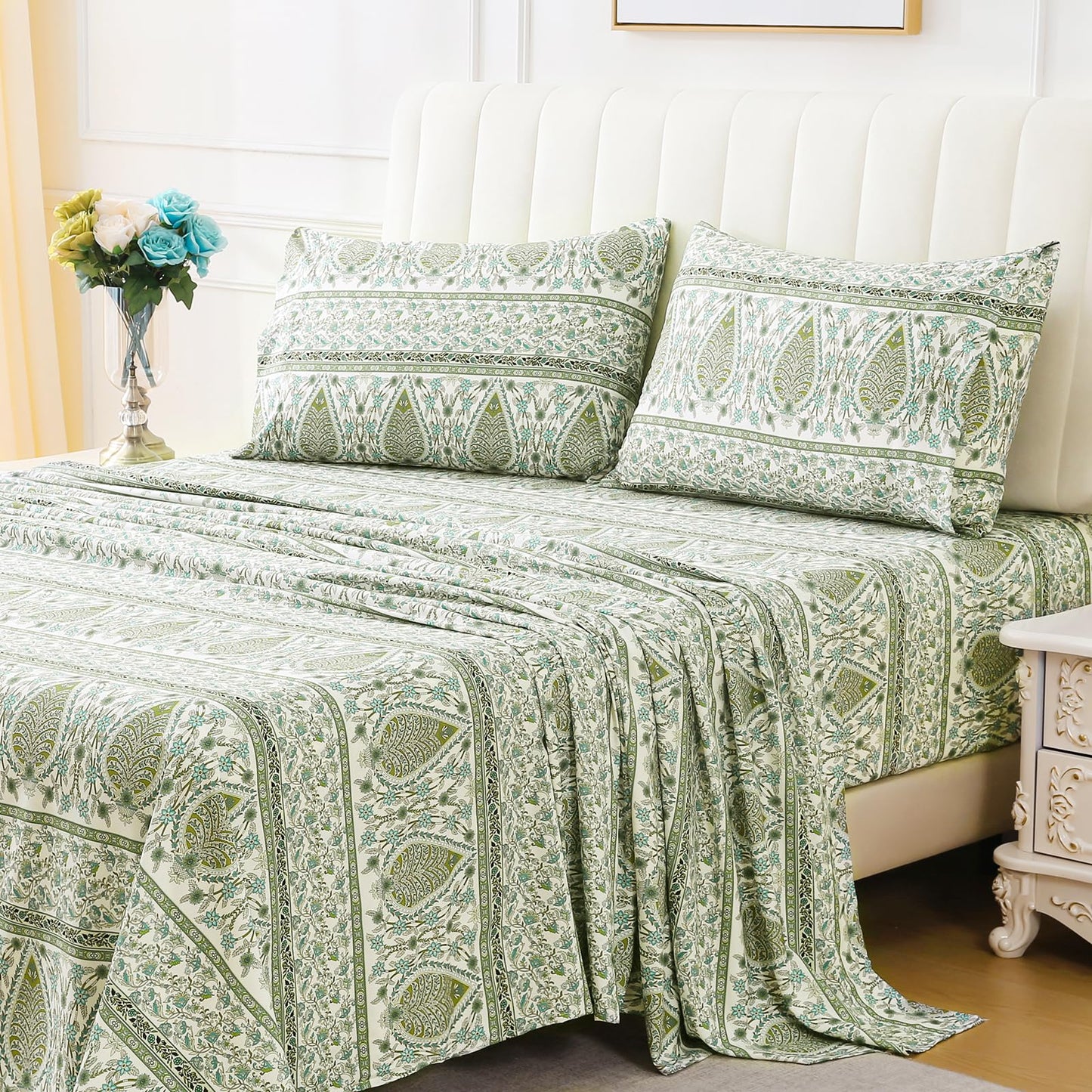 ChicView King Size Paisley Printed Sheet Set,4 Pieces Boho Style Breathable Soft Microfiber Bedsheets, Anti Pilling Deep Pockets Easy Care Bed Sheets, Green