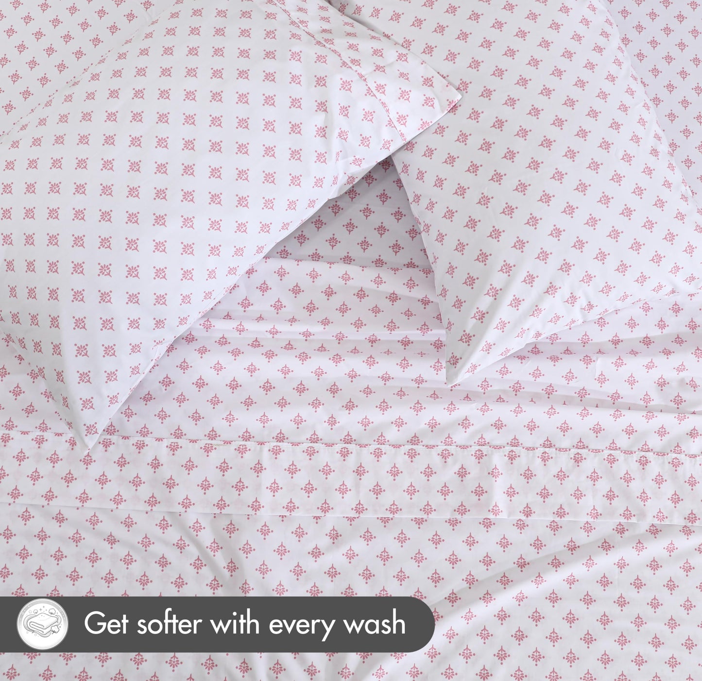 RUVANTI 100% Cotton Percale Sheets Queen Size, Block Print Motif