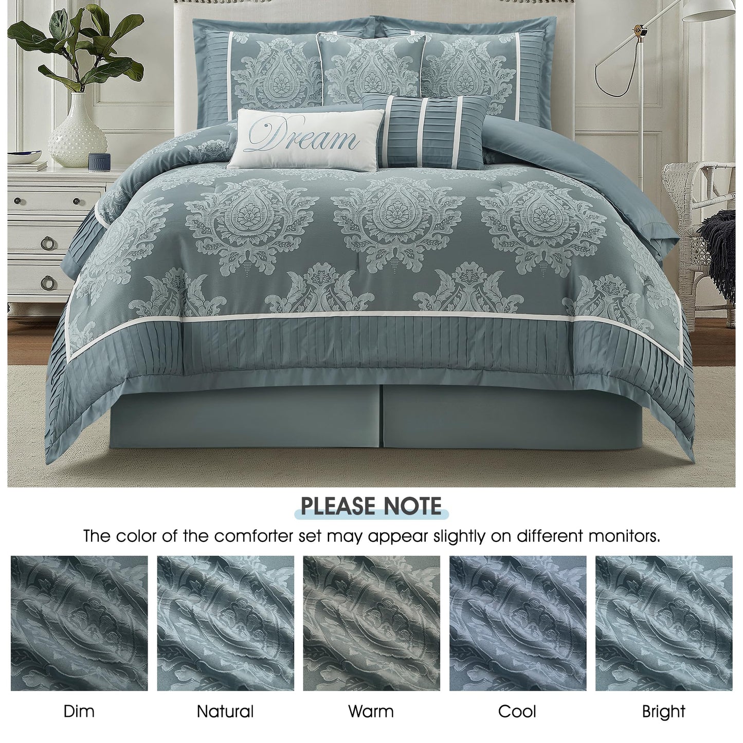 LANCO MODERN LIFESTYLE Blue Queen Comforter Set 7 Pieces, Jacquard Woven with Damask, Bedding Set in a Bag Includes Comforter, Bed Skirt, Pillow Shams, and Decorative Pillows