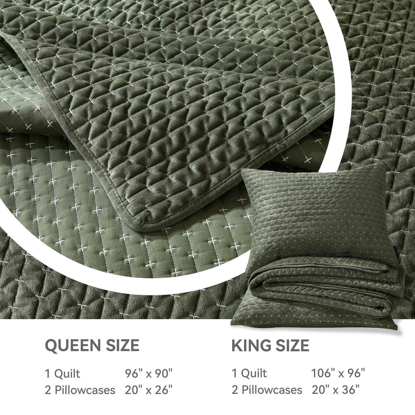 Grassix Velvet Quilt Set Queen Size, 3 Pieces Cross Stitch Bedspread Coverlet with 2 Shams for All Season, Lightweight Comforter Bedding Set, Army Green, 90"x96"
