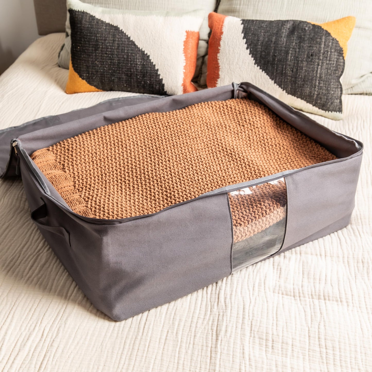 Soft Canvas Storage Bags with Zipper. Thick Breathable, 2pc King/Queen Comforter Organizer. Four Carrying Handles and Window. Large 25x19x9in Bag for Sheets Blankets Bedding Pillows, Clothes (Grey)
