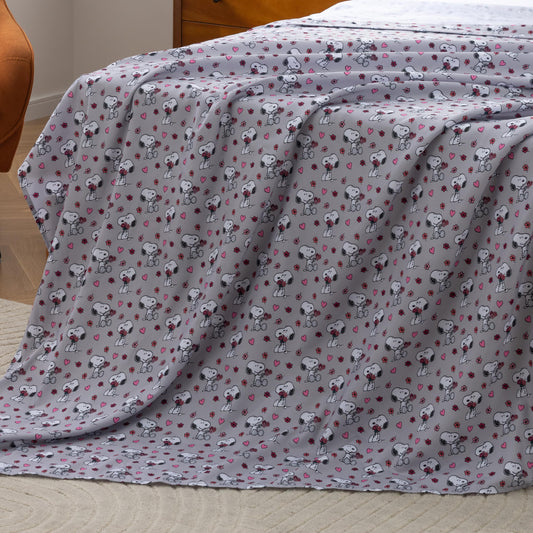 Berkshire Peanuts® Twin Flat Sheet (Only), Brushed Microfiber Sheet with Cute Snoopy Characters, Soft, Breathable, Easy-Care Bedding for Peanuts Fans, Love Blooms Light Grey