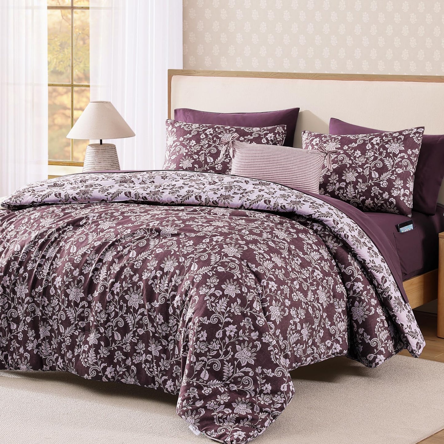 BLOOMHAVEN Queen Comforter Set -7 Pieces Floral Dark Purple Comforter Set for All Seasons, Bed in a Bag Queen with Botanical Flowers Comforter, Sheets, Pillowcases & Shams
