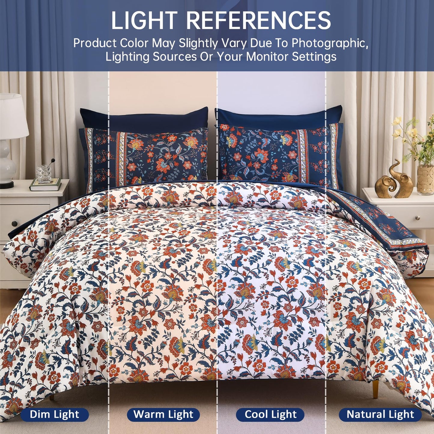 Dinjoy Boho Comforter Set Queen,Navy Bedding Paisley Floral 7 Piece Bed in a Bag Reversible Lightweight Bohemain Comforters with Sheet Sets for All Season