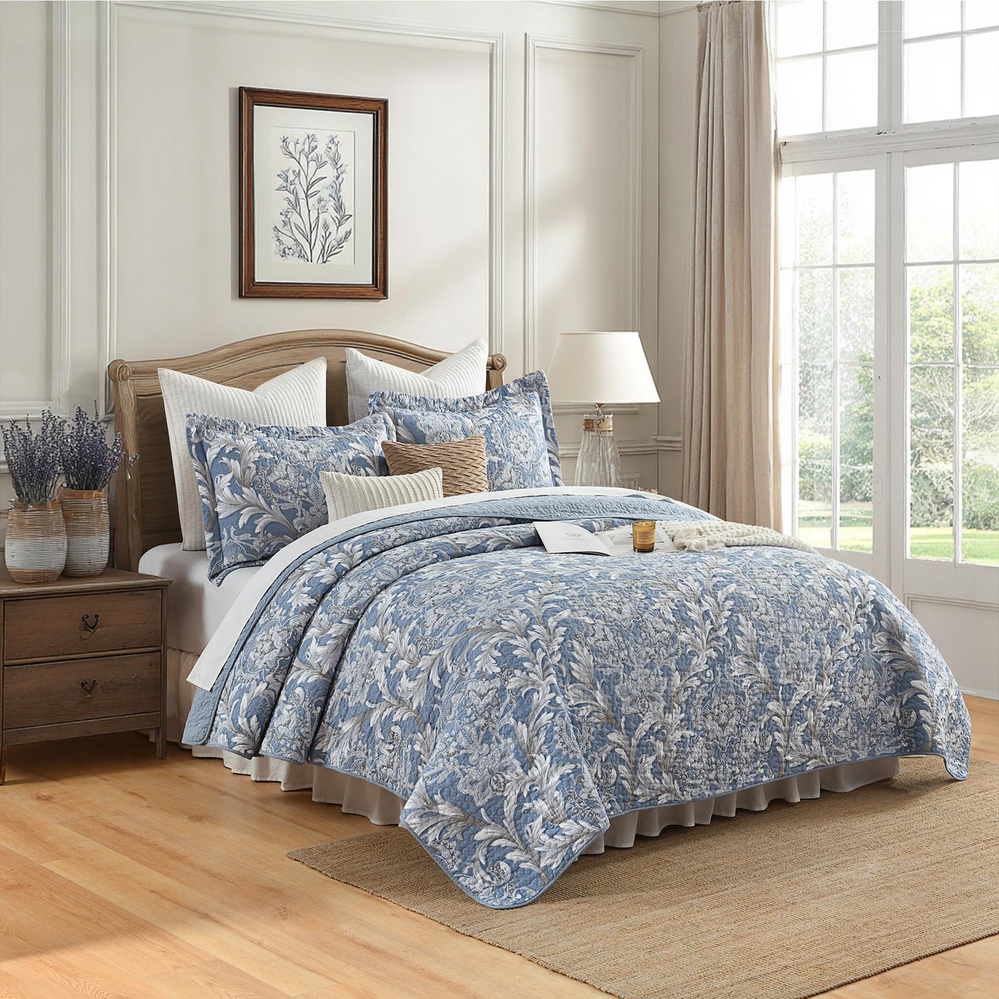 BCOTTOND King Size Quilt Set - Dusty Blue and Gray Quilt Set King, 100% Cotton Floral Bedspread Set 3 Piece, Classic Damask Bedspread, Reversible Lightweight Quilt Bedding Set