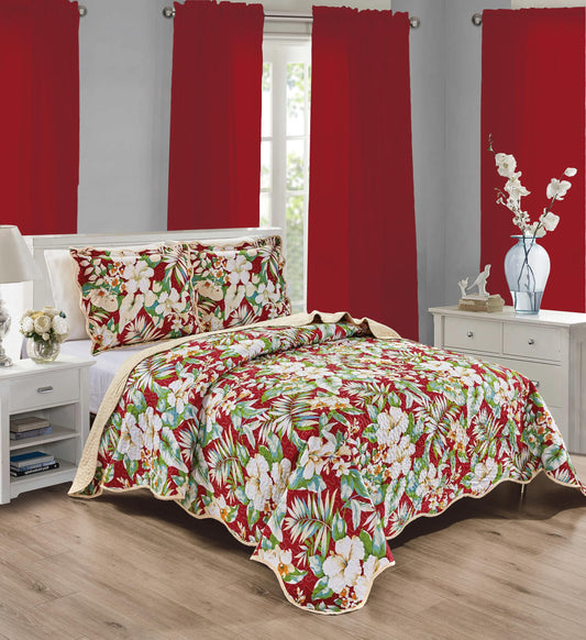 Grand Linen 3-Piece King Size Tropical Oversized Quilt Set 120 inch X 106 inch All Seasons XL Bedspread, Pillow Shams Lightweight Soft Coverlet Red Green White Colors Bed Cover Floral Leaves Pattern