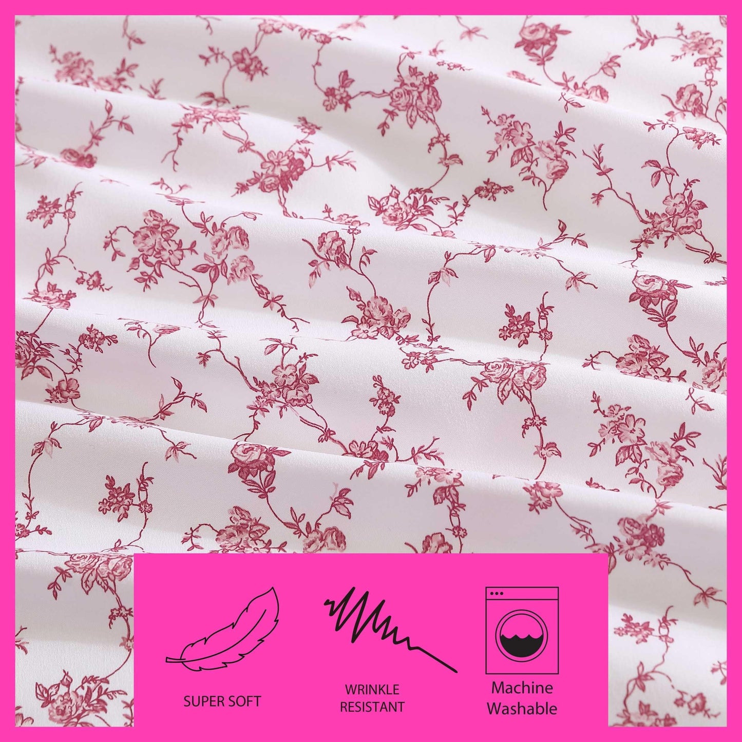Betsey Johnson - Queen Bed Sheets, Soft & Lightweight Bedding, Fade & Wrinkle Resistant (Floral Toile Pink, Queen)