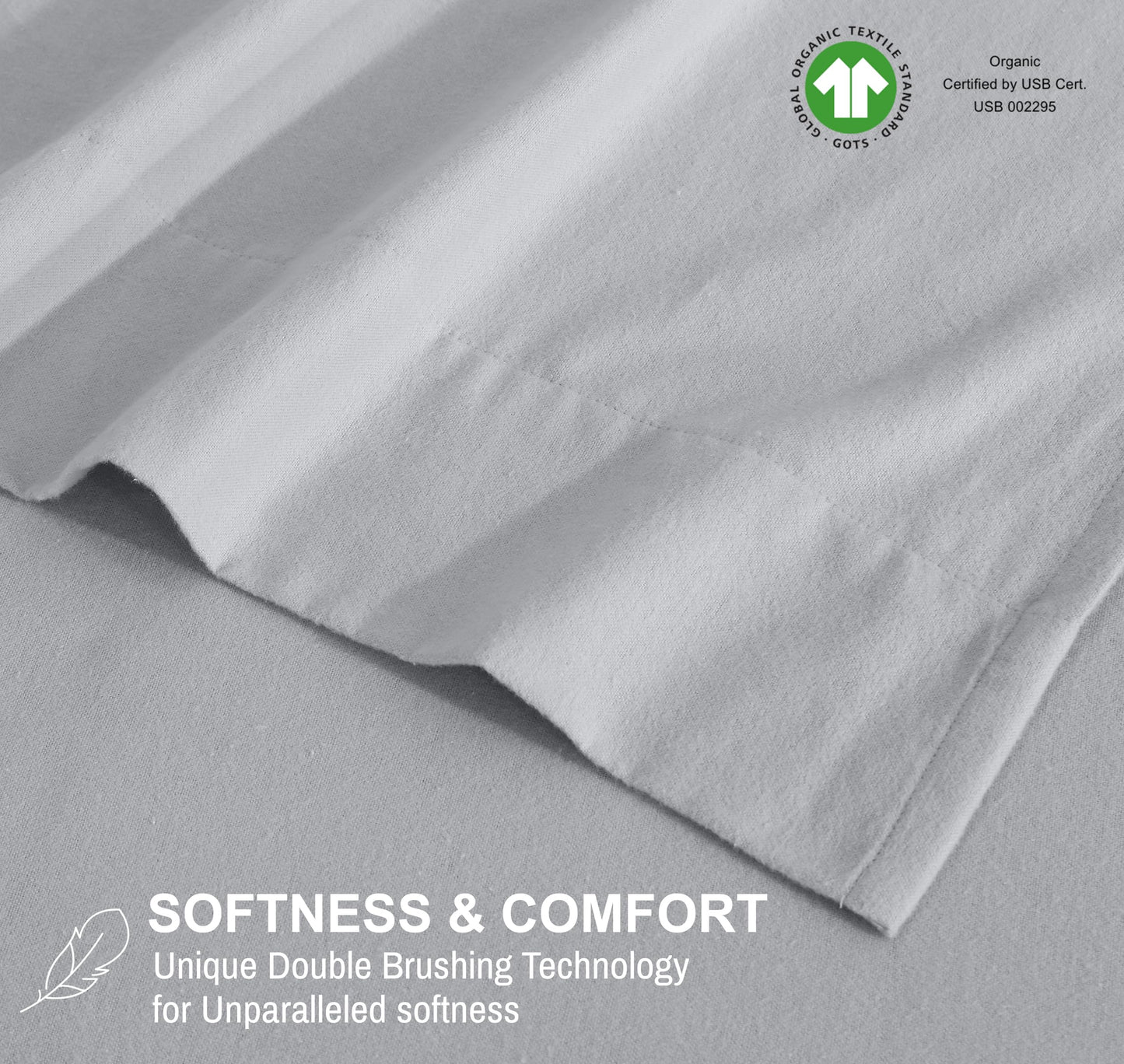 RUVANTI Flannel Sheets Queen Size - GOTS Certified 100% Organic Cotton, 4 Piece Warm, Soft & Breathable Set, Deep Pocket Snug Fit, Double Brushed Cozy All Season Bedding, Light Grey
