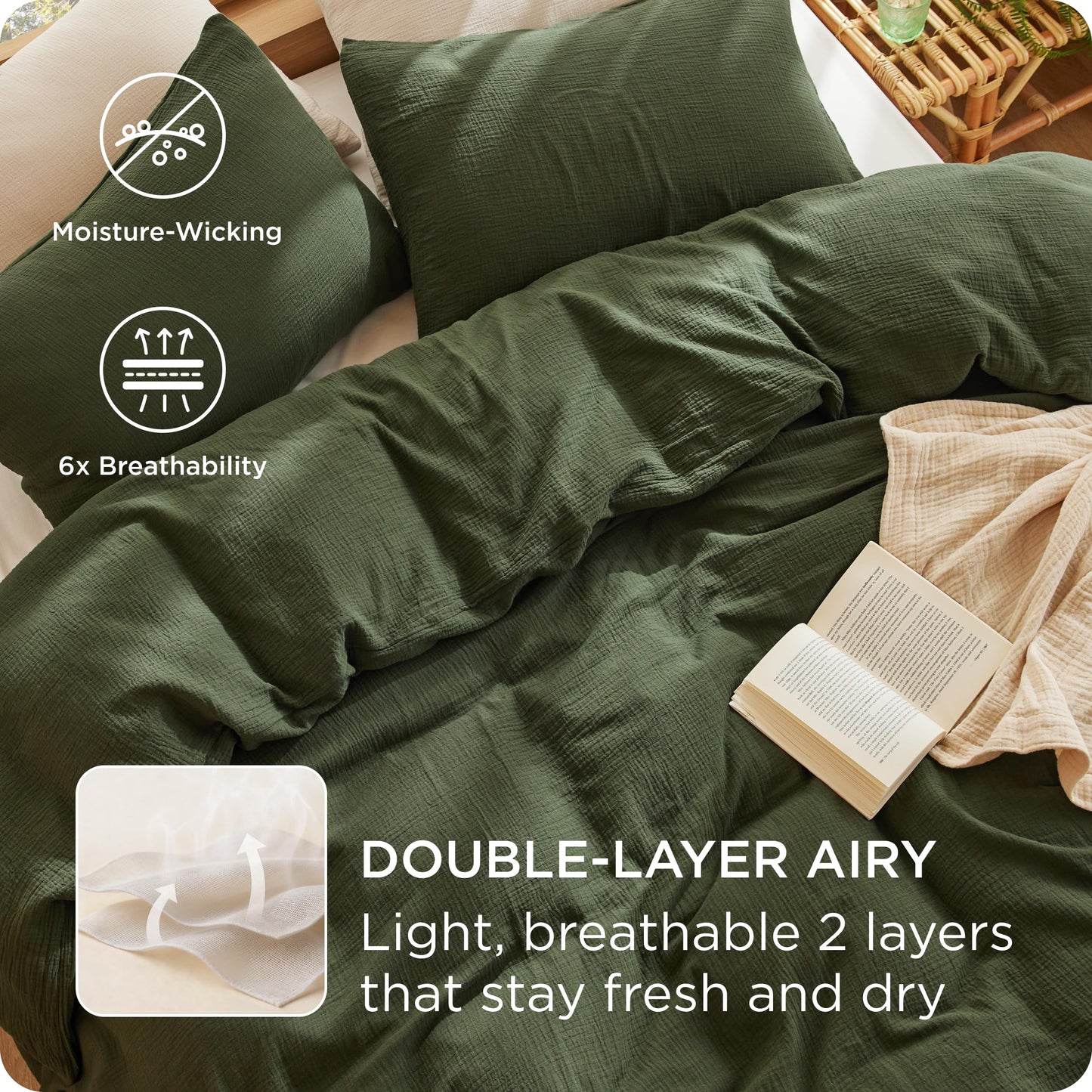 Bedsure 100% Muslin Cotton Duvet Cover King Size - Ultra-Soft Gauze Duvet Cover, PureWoven Breathable & Lightweight Bedding Set with Zipper Closure and Corner Ties (Olive Green, King, 104"x90")