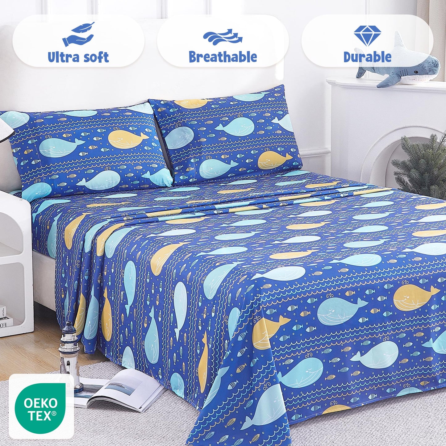 CozySmile Twin Sheet Set Kids,3 Pieces Breathable Soft Microfiber Bedsheets for Child Boys Girls, Oeko-TEX, Anti Pilling Deep Pockets Easy Care Bed Sheets, Whale