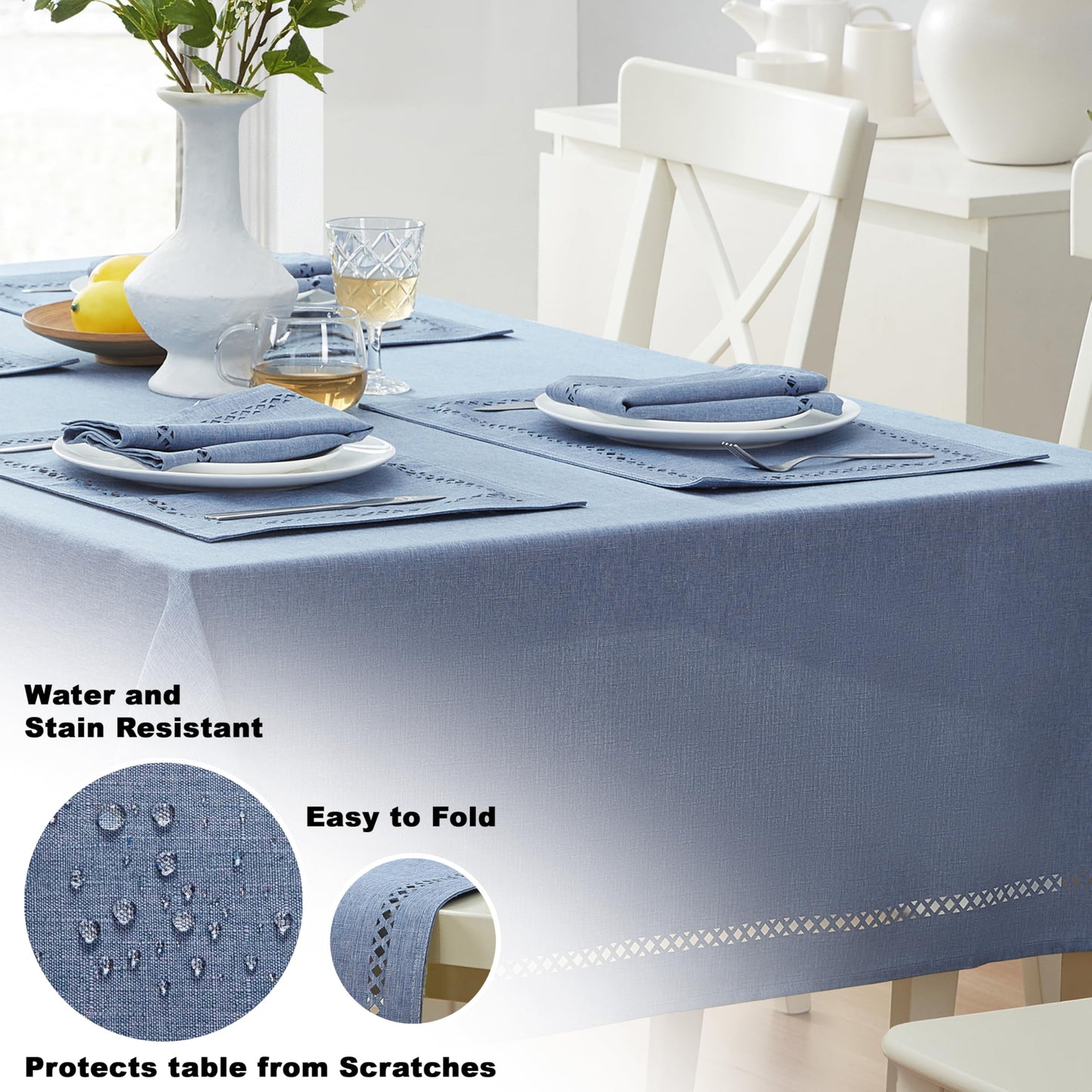 Newbridge Fabric Square Tablecloth, 52 x 52 Inch, Provence Lattice Cutwork Solid Color Textured, Water and Stain Resistant Easy Care Table Cloth for Parties, Wedgewood Blue