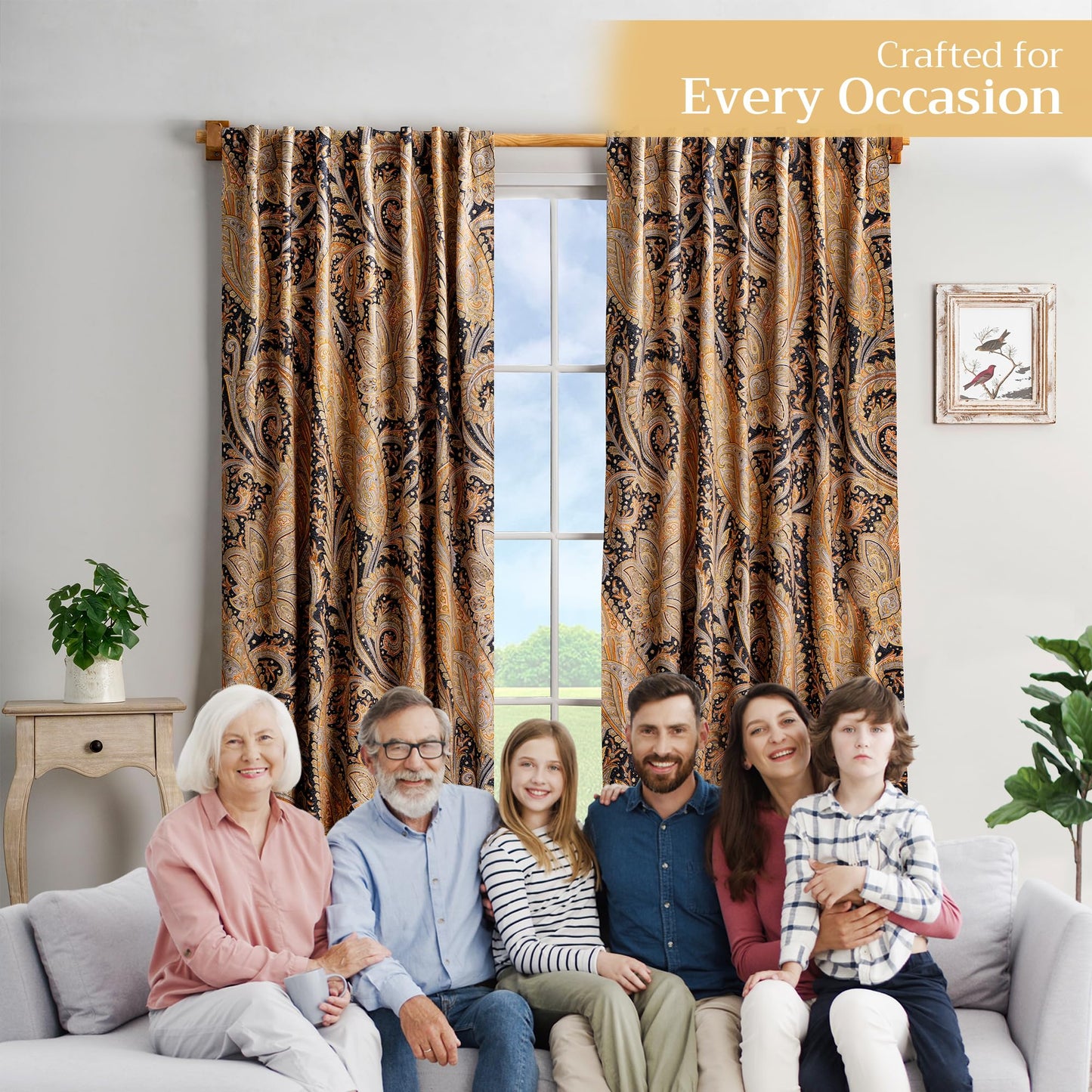 Maison d' Hermine Curtains for Living Room 100% Cotton 96 inch Length One Panel Light Filtering Curtains for Windows with Rod and Loop Pockets (Kashmir Paisley - Graphite, 50" W x 96" L)